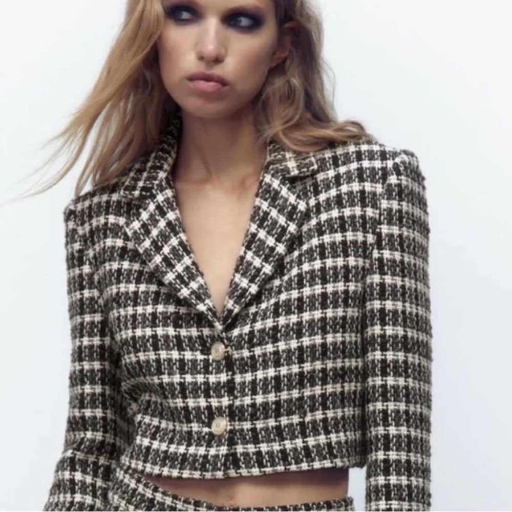Zara Cropped Tweed Blazer Size XS Black Academia Classic Preppy office 3 - Picture 2 of 7